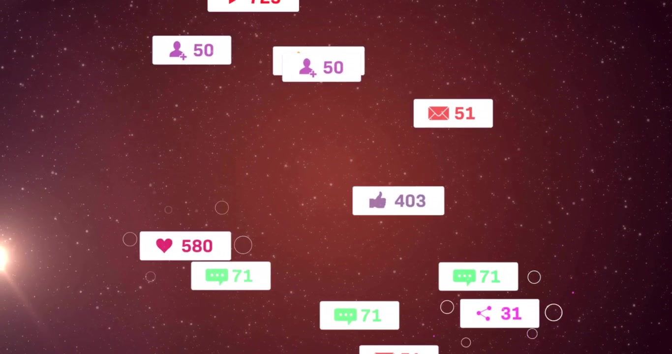 Social media notifications floating across cosmic gradient showing icons with numeric counts