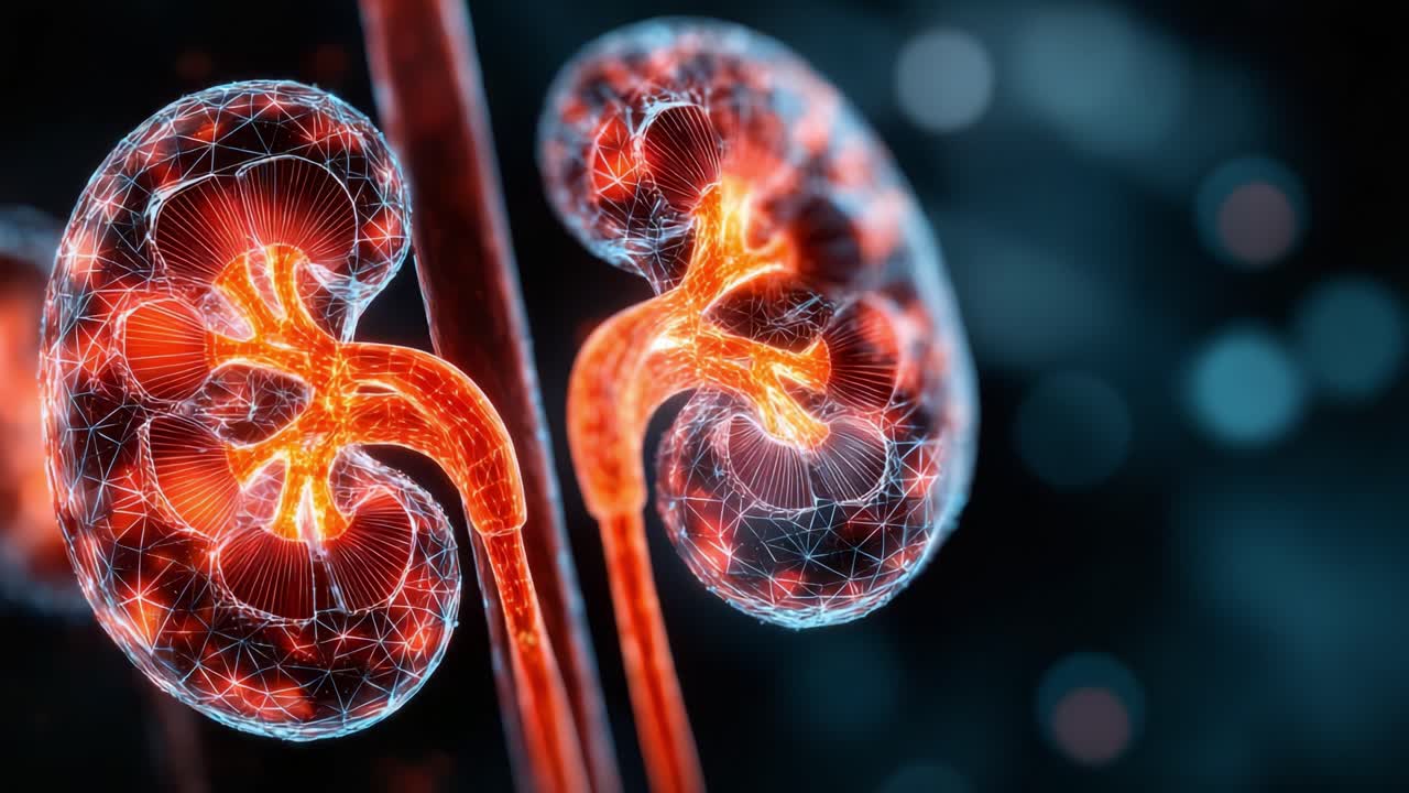 A Stunning Representation of Human Kidneys Highlighting Their Intricate Structures and Vital Functions in the Body with a Futuristic Visual Aesthetic