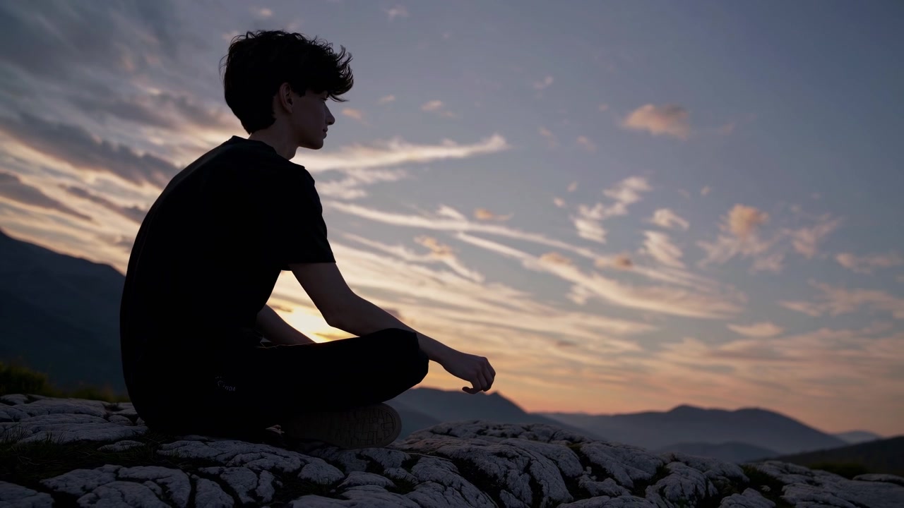 Joven meditando en la cima de una montaña al atardecer