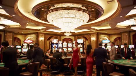 glamorous casino scene featuring elegant guests and vibrant gaming atmosphere with classic gaming machines and glamorous interior design
