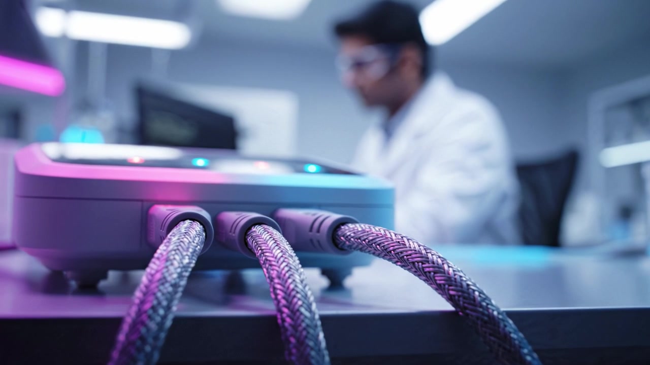 Advanced Laboratory Equipment with Colorful Cables in Focus and a Scientist in the Background Working with Cutting-Edge Technology and Research Innovations