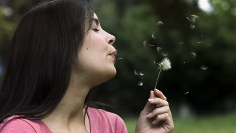 woman blowing a dandelion in slow motion