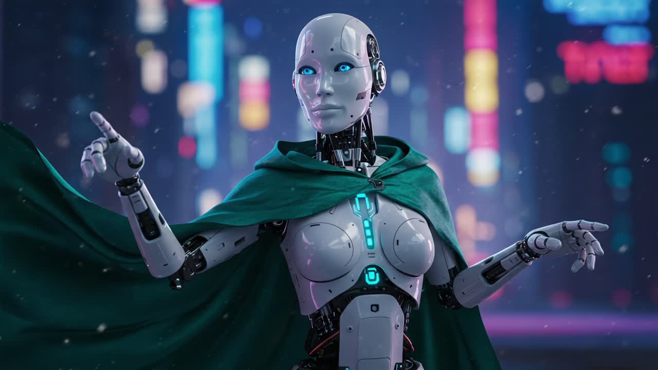 Futuristic Robot in Cloak: A Cybernetic Being with Blue Eyes and a Glowing Chest in a Neon Cityscape, Exuding Intelligence and Mystery