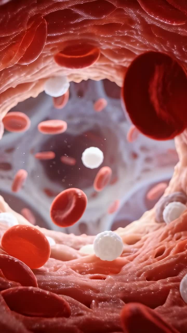 Video verticale: Vista dinamica che mostra globuli rossi e globuli bianchi che fluttuano attraverso un vaso stretto verso i capillari.