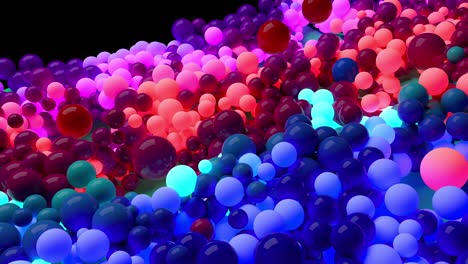 dark composition with colorful balls that cover the surface, some of which glow. 3d in 4k abstract background with flowing animation of spheres