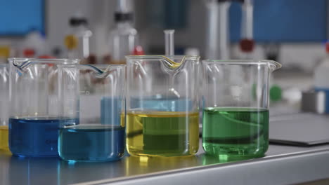 colorful chemical solutions in a laboratory setting