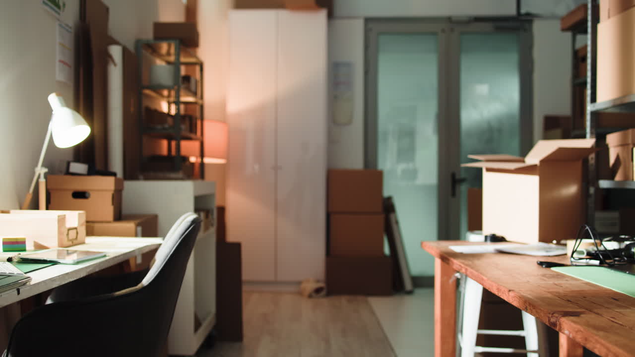 Ufficio di piccola impresa con scatole per spedizioni e computer sulla scrivania