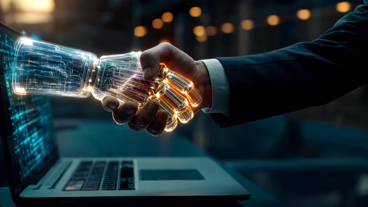 A futuristic video concept showing a close-up of a human hand shaking a robotic hand emerging