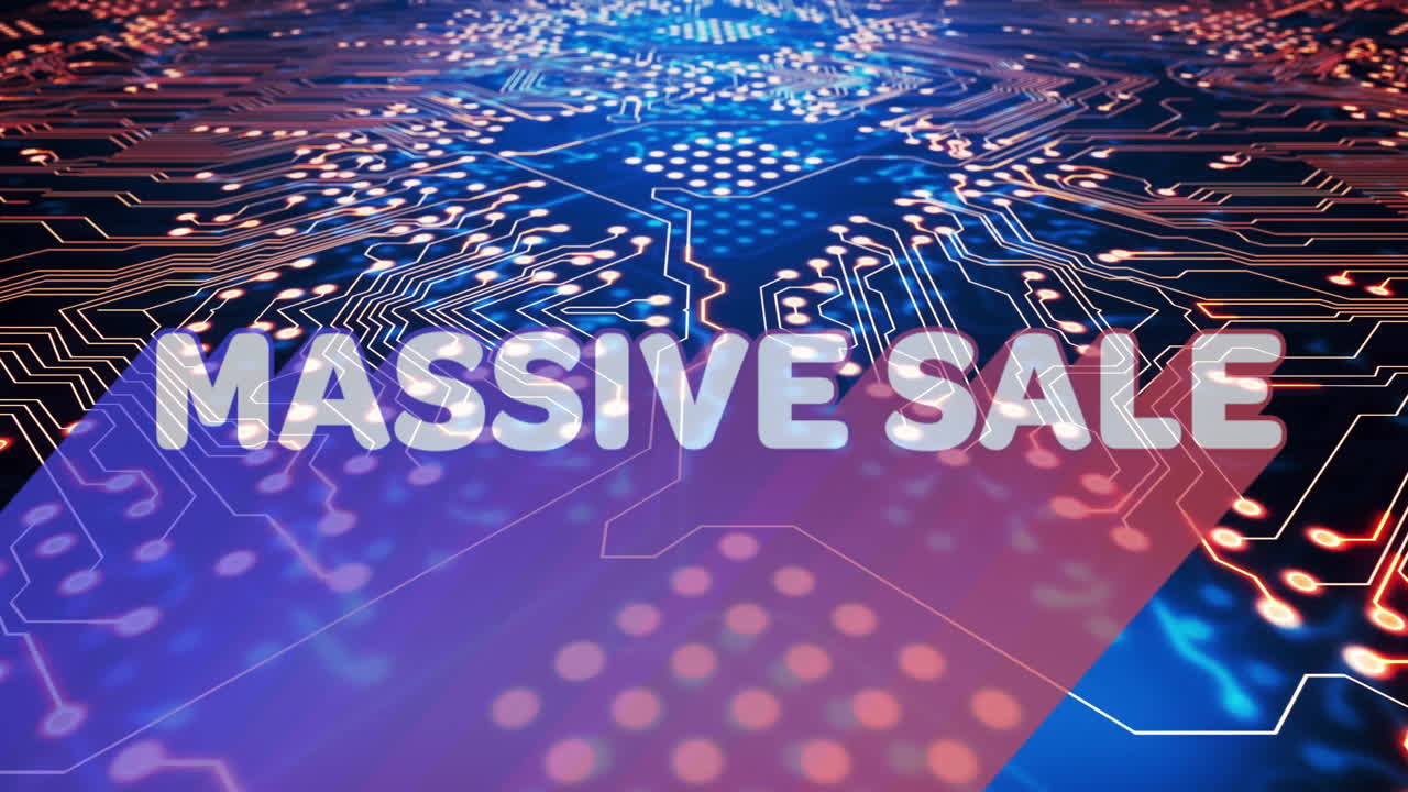 Glowing animation of digital circuit board with Massive Sale text in school context