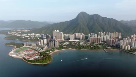 aerial view of hong kong wu kai sha area with modern residential building complex and tolo harbour open bay