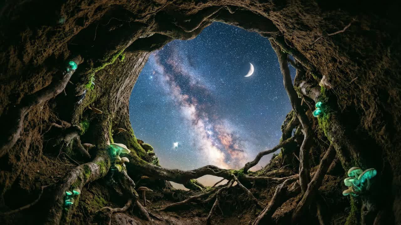 Scie stellari e funghi bioluminescenti in una grotta