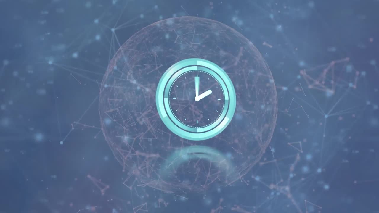 어두운 회색 배경에 움직이는 연결의 글로벌 네트워크를 통해 시계의 애니메이션