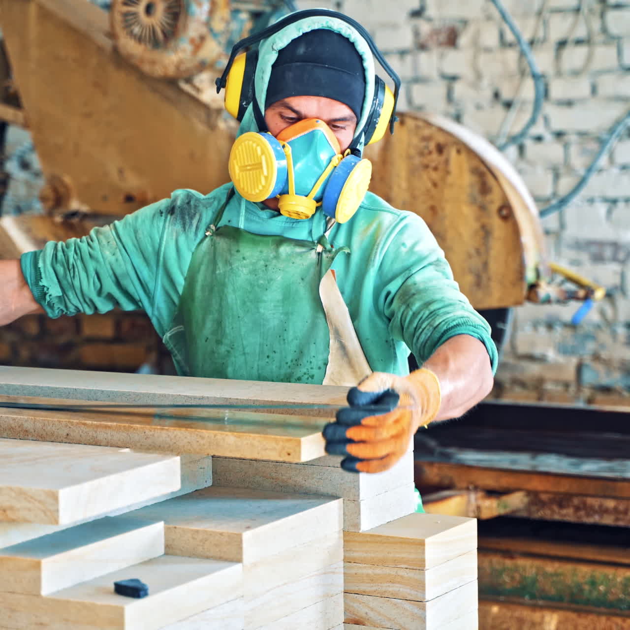 Man in protective uniform measures the stone slabs in factory. cutted stone slabs on the industrial plant background. Worker with the ruler in manufacture.