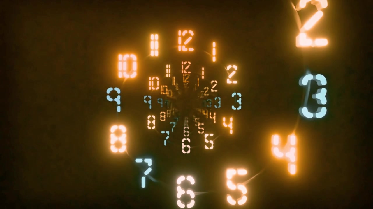 Abstract Tunnel of Glowing Digital Clock Numbers