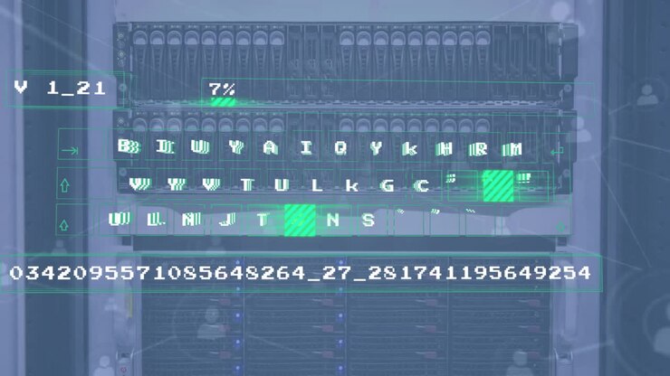 Data processing animation over server racks with progress bar