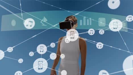 블루 배경에 vr 헤드 ⁇ 을 착용한 사업가에 대한 디지털 아이콘 네트워크