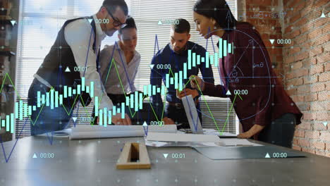 animation of data processing over diverse colleagues discussing over a plan together at office
