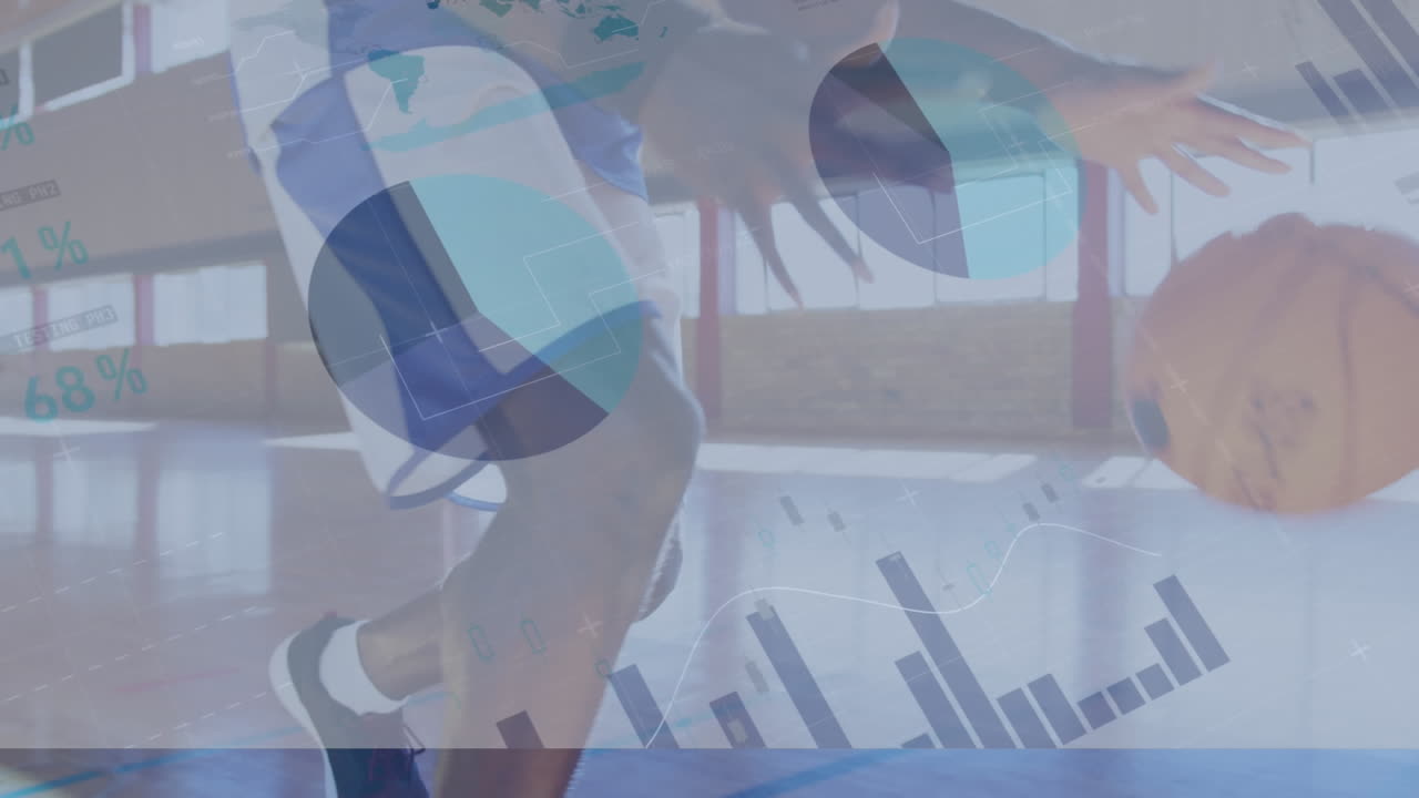 animación del procesamiento de datos financieros sobre un jugador de baloncesto afroamericano en el gimnasio
