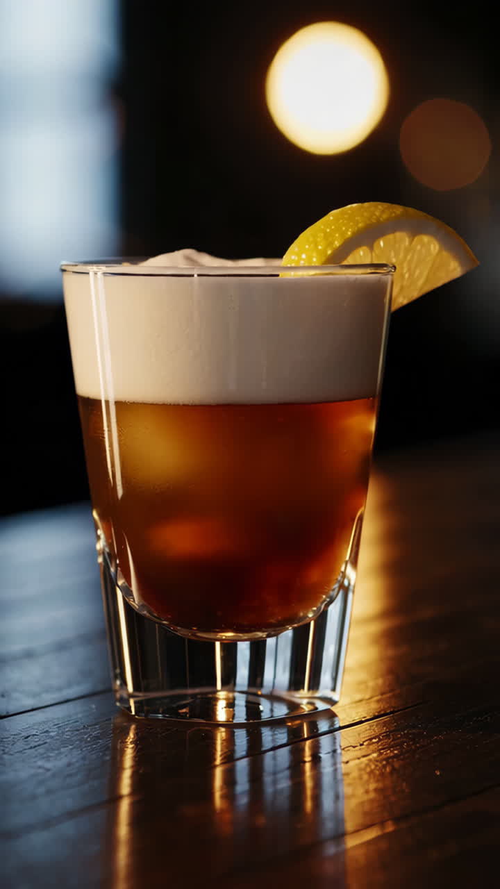 Cocktail with Foam and Lemon Garnish on a Bar Table