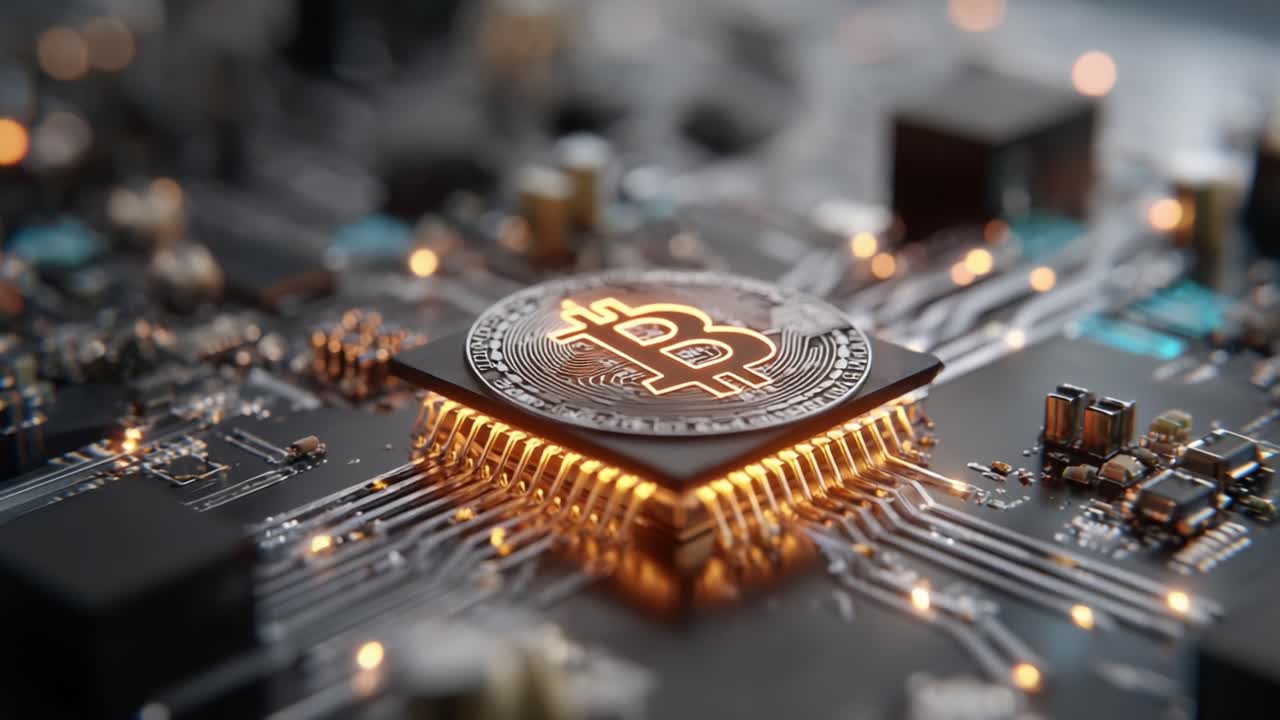A Detailed Close-Up of a Bitcoin Cryptocurrency Icon Highlighted on a Futuristic Circuit Board, Showcasing Advanced Technology and Financial Innovation