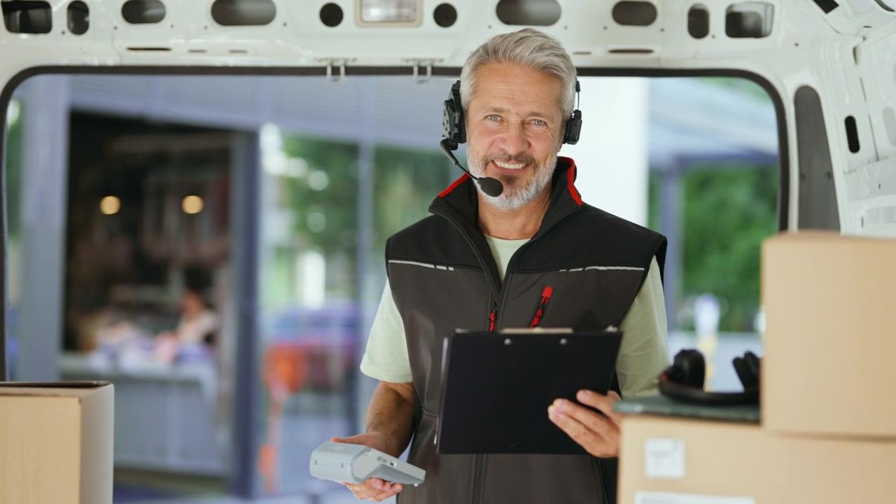 Corriere con auricolare che tiene in mano un tablet portablocco e un terminale di pagamento