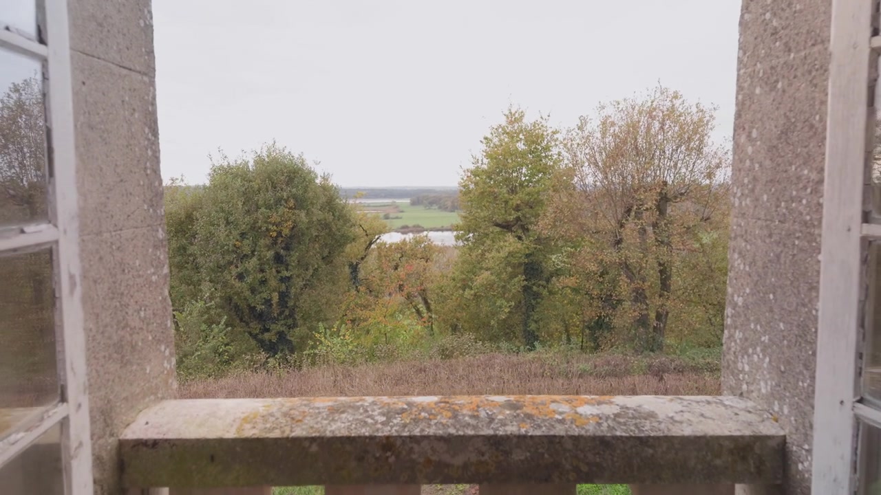 Vorwärtsfahrende Aufnahme, die eine ruhige grüne Landschaft aus dem Fenster des Château du Bouchet (Schloss Le Bouchet) in Rosnay, Frankreich, enthüllt