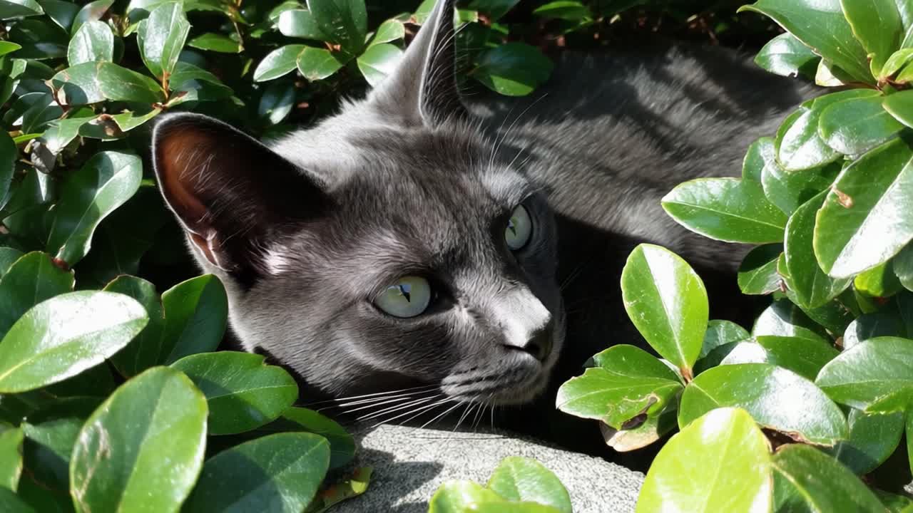 Un misterioso gatto nero nascosto tra una vegetazione lussureggiante, in posa serena ma attenta, catturato in due inquadrature distinte che ne mostrano le incantevoli caratteristiche e l'ambiente.