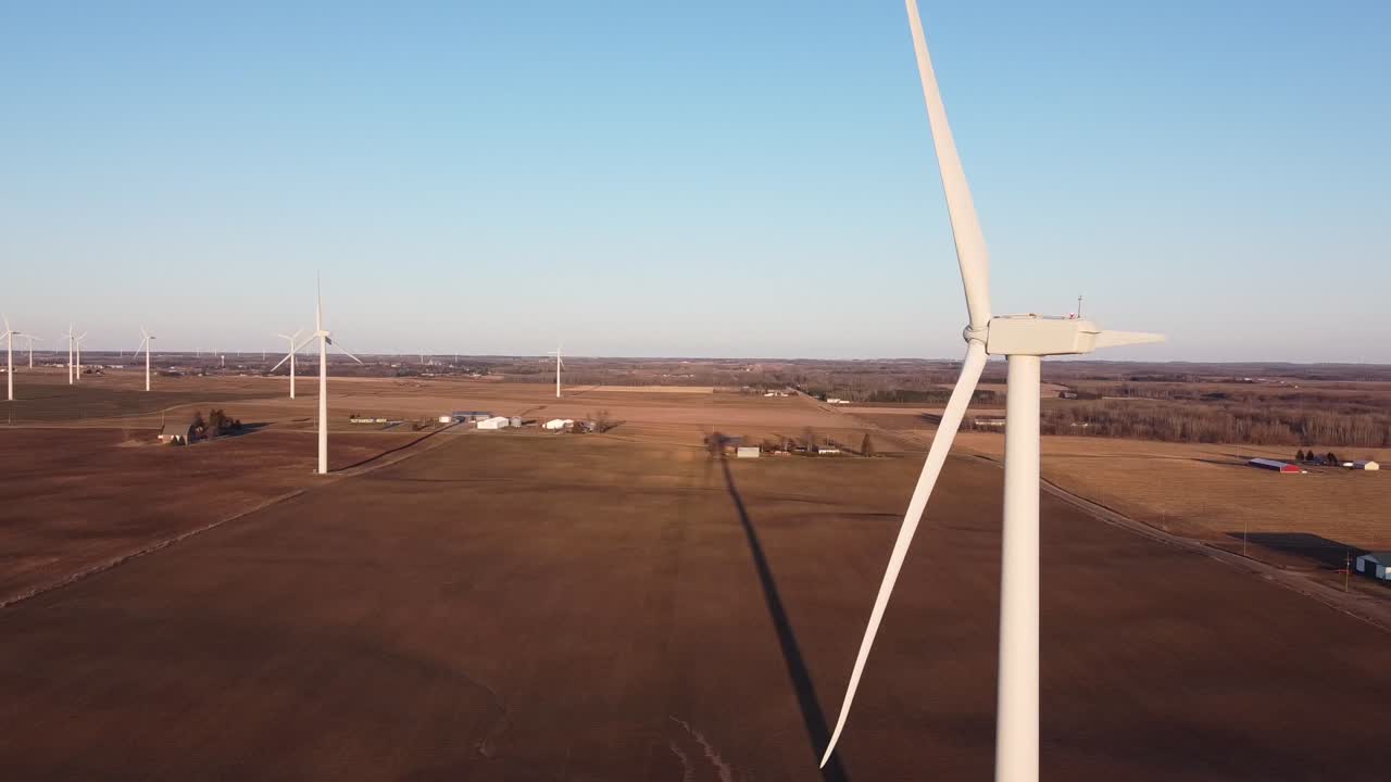 Landscape View At The Michigan Wind Turbines Near Ubly, Michigan On A Sunny Summer day.-wide shot
