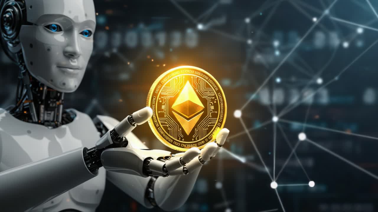 A futuristic robot holds a luminous cryptocurrency coin, symbolizing the intersection of technology and finance in a digital economy landscape