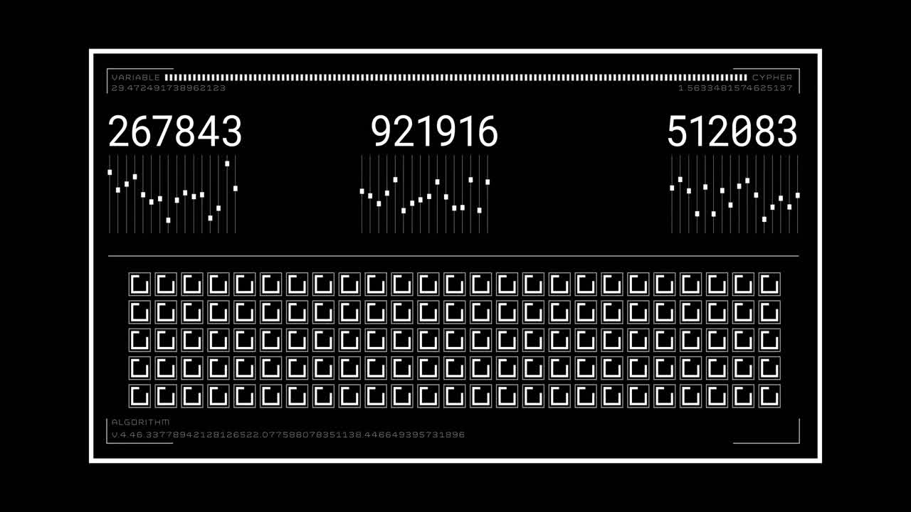 animación de números que cambian y procesamiento de datos en la pantalla de la computadora sobre fondo negro