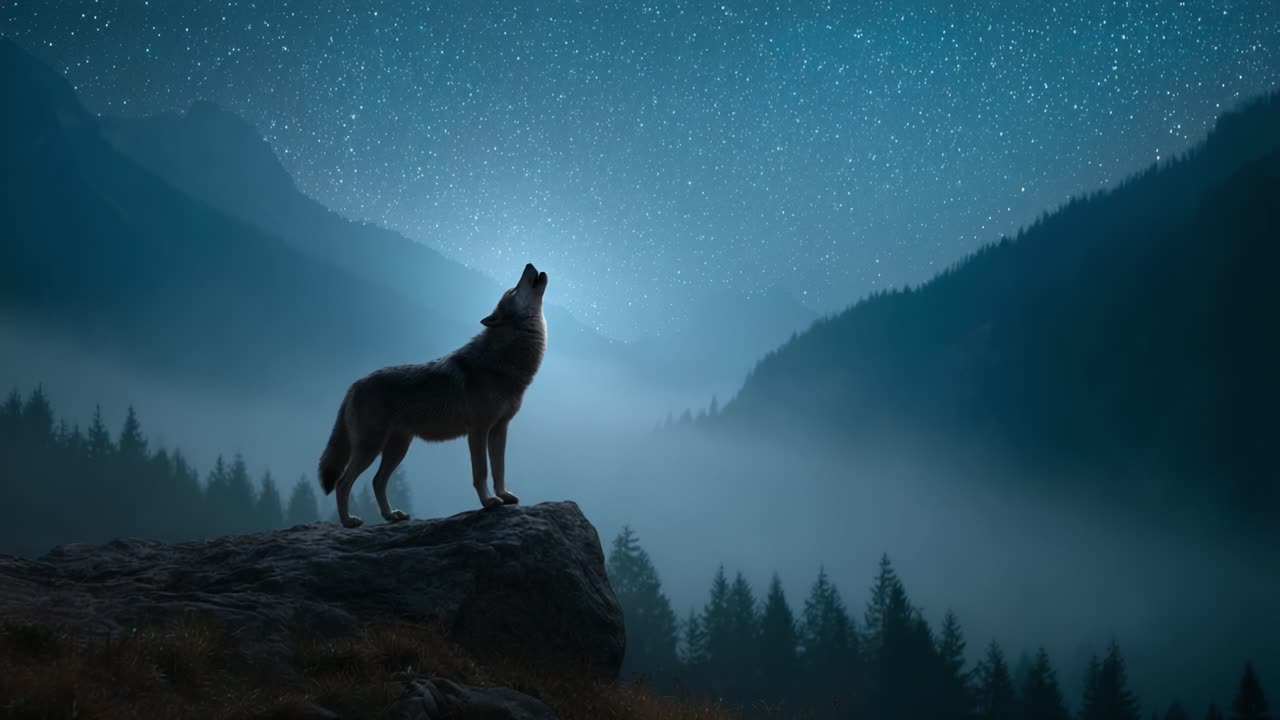 A majestic wolf howls under a star-filled sky in the serene night, surrounded by misty mountains and dark forests, evoking a sense of wild beauty and nature's tranquility