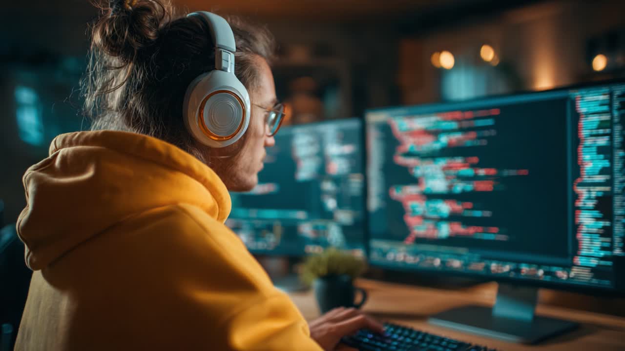 Focused Programmer in a Cozy Workspace Engaged in Coding Activity with Multiple Monitors Displaying Lines of Code and Soft Ambient Lighting