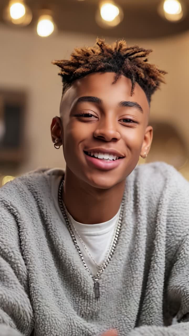 A Young Smiling Individual with Distinctive Hair and Cozy Attire, Posing in a Warm and Welcoming Indoor Environment with Soft Lighting
