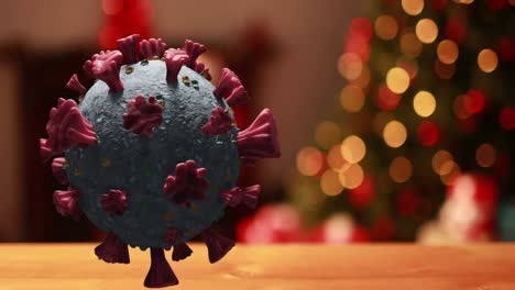 Animation-Einer-Covid-19-Zelle,-Die-Sich-über-Den-Weihnachtsbaum-Bewegt,-Mit-Flackernden-Lichterketten-Im-Hintergrund