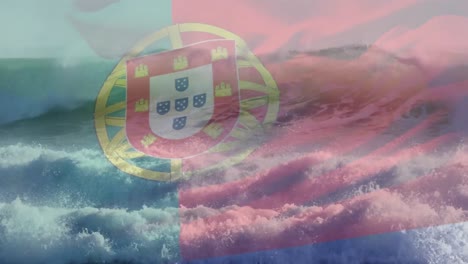 Digitale-Komposition-Der-Wehenden-Portugiesischen-Flagge-Gegen-Wellen-Im-Meer