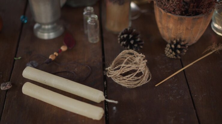 Wooden objects arrangement and placement of wooden items on, in a wooden table with various decorative items, with wooden sticks, twine, pine cones, small bottles, with brown, white accents