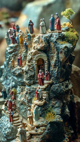 figures ascending a rocky path in a detailed miniature landscape