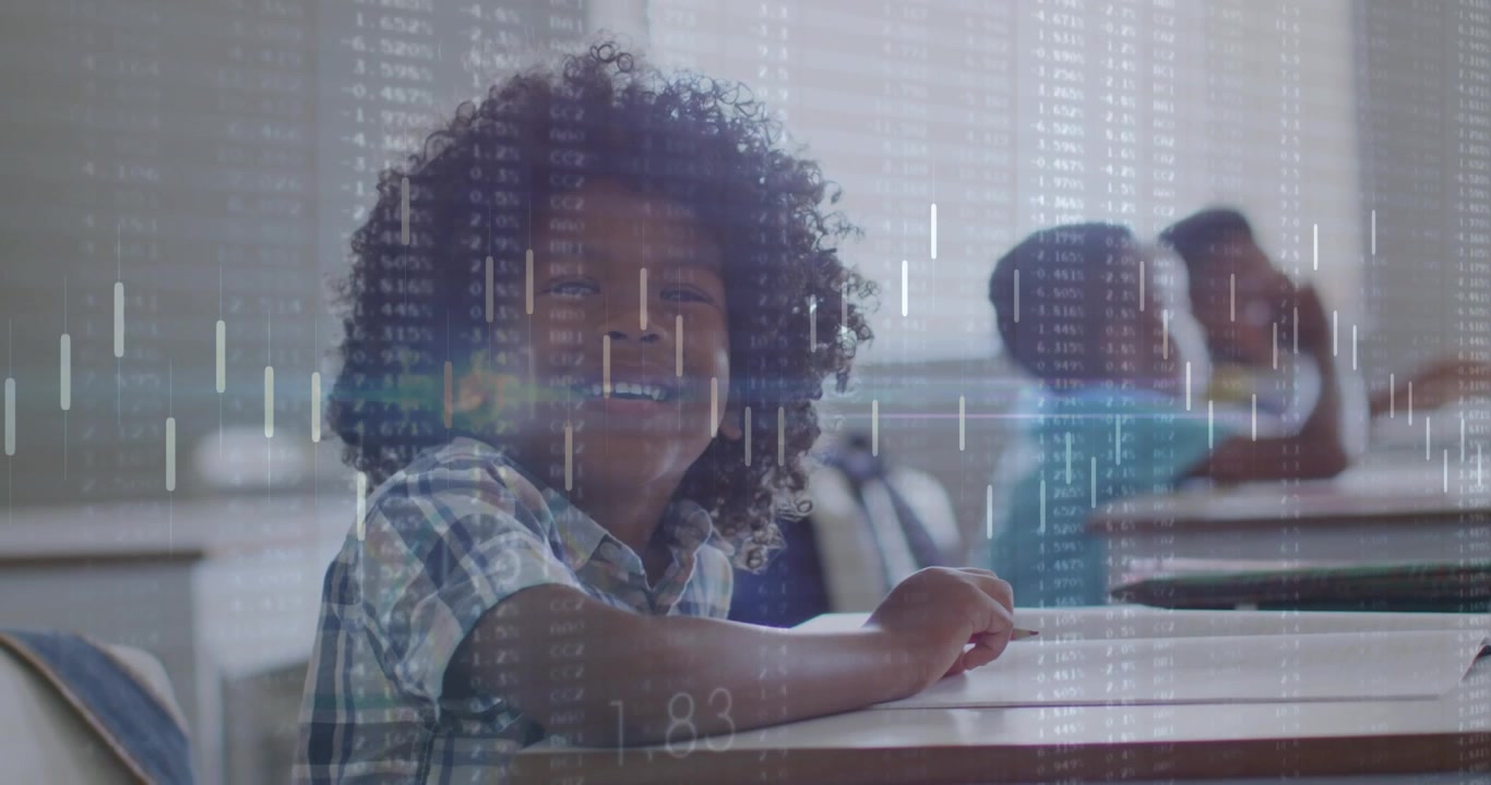 Camera panning pupil seeing camera, turning, smiling, faint data overlay appearing over classroom