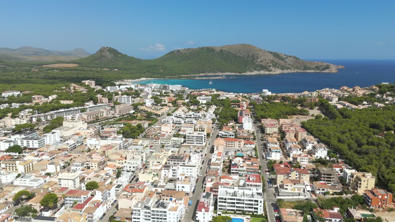 Aerial view coastal resort town Cala Millor in Majorca, Spain on sunny day