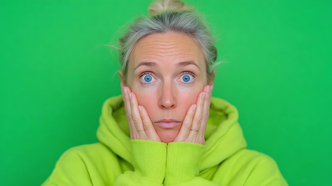 A surprised expression captured in a vibrant green background, conveying shock and disbelief while showcasing the subject in a bright hoodie, emphasizing emotion and reaction