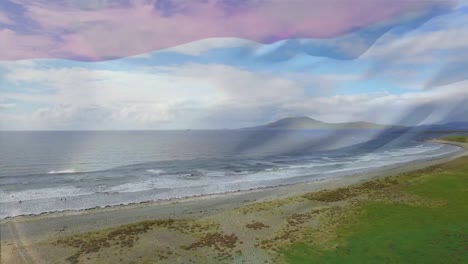 animation of flag of yemen blowing over beach landscape