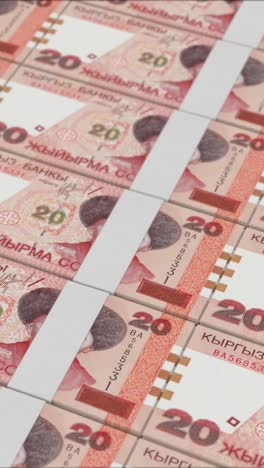 vertical video of 20 kyrgyzstani som banknotes printed by a money press