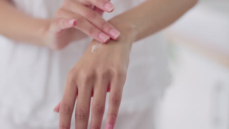 manicure, hands and woman with cream for beauty