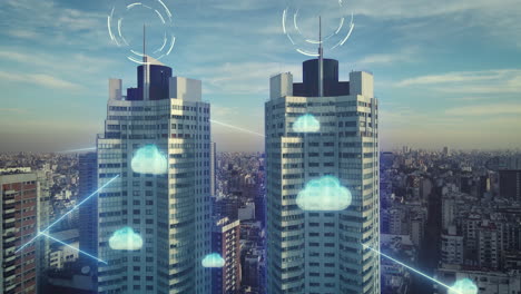 concepto futuro con líneas digitales brillantes que conectan la ciudad y la red en la nube - toma ascendente de drones de edificios de rascacielos gemelos en buenos aires - horizonte moderno con comunicación de datos de alta tecnología