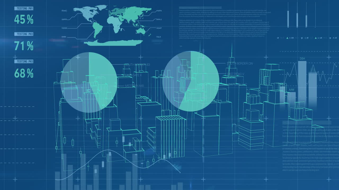 Graphs and data with virtual buildings in a city