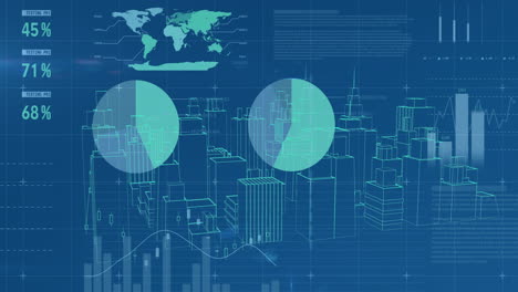 graphs and data with virtual buildings in a city