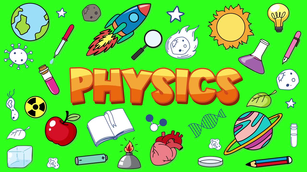 Cartoon-style physics icons animate outward from central text on a vibrant green screen, creating a dynamic, educational science-themed background with playful movement