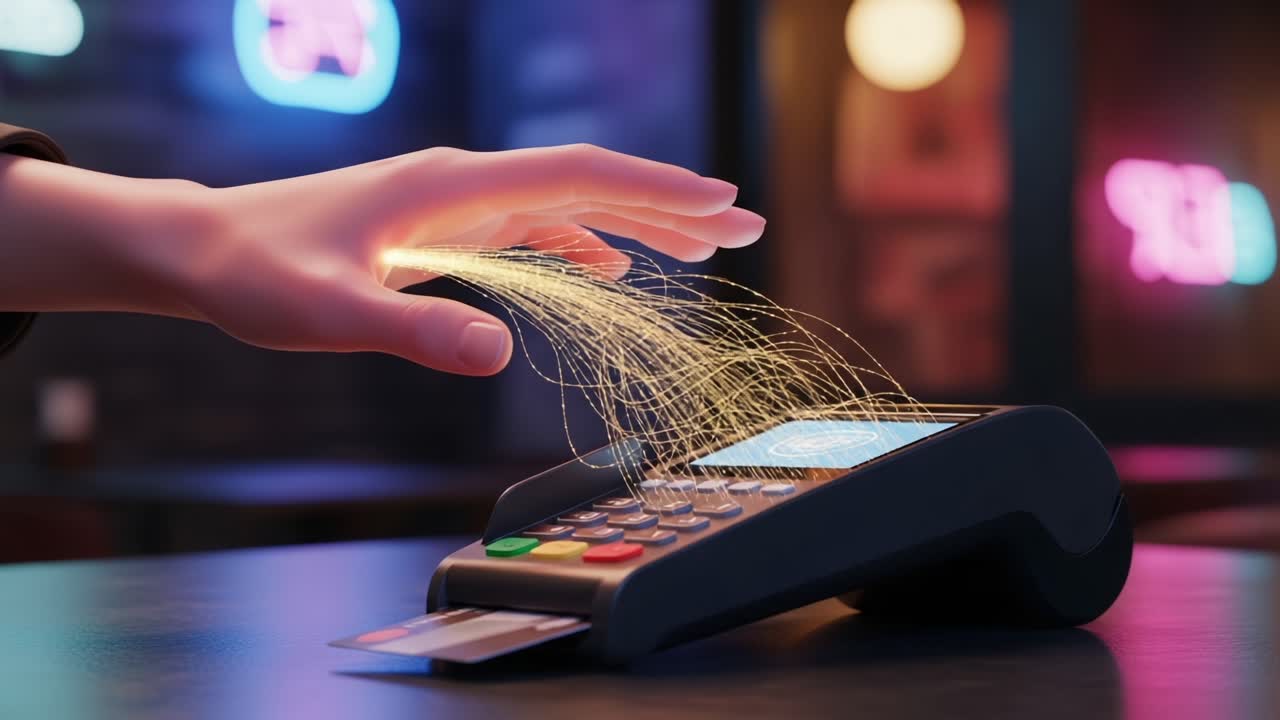 A Futuristic Payment Interaction: An Electronic Card Reader Captures the Essence of Contactless Transactions in a Vibrant, Modern Setting