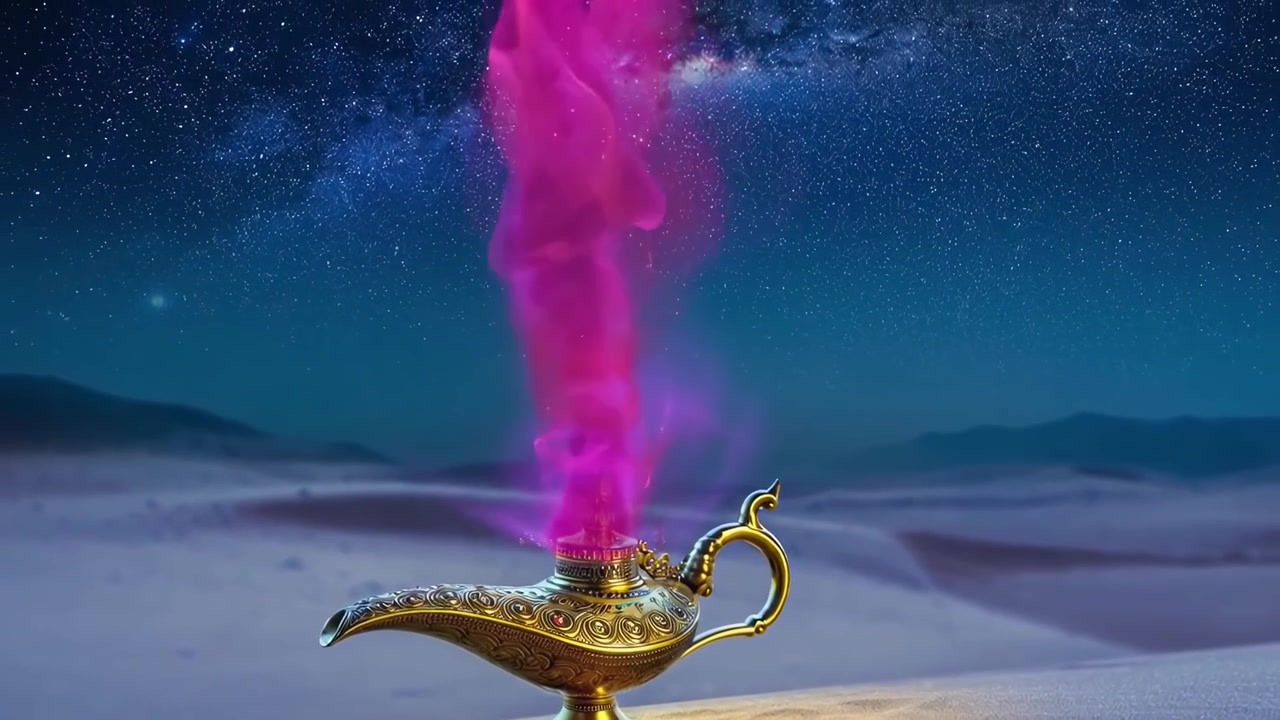 Lampada magica dorata che emette fumo rosa nel deserto di notte