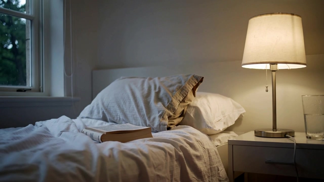 Kamera trekker seg tilbake og avslører pute og lukket bok ved sengekanten, tent lampe, glass, ladekabel